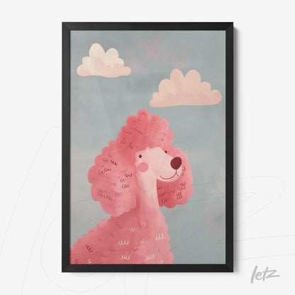 framed artwork of a pink poodle against a light blue background with clouds
