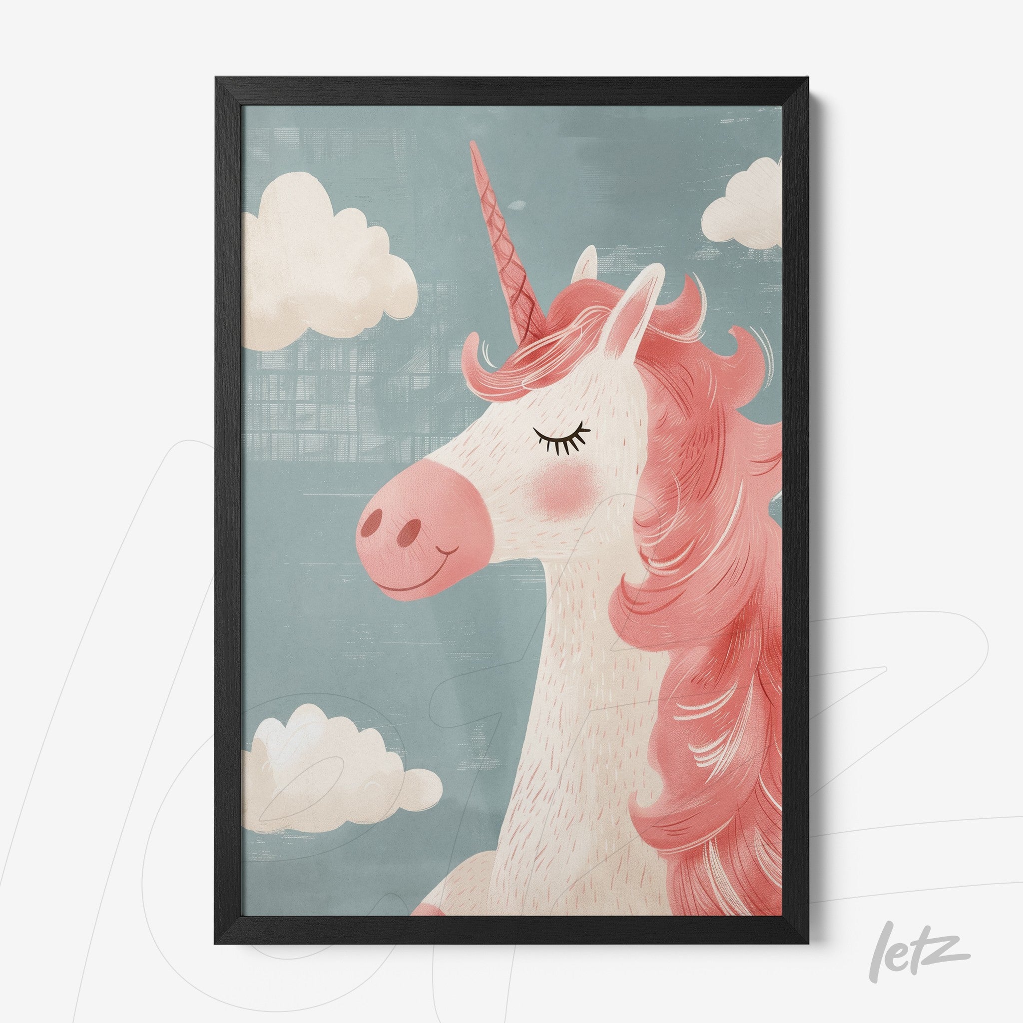 framed wall art featuring a unicorn on a blue background with white clouds