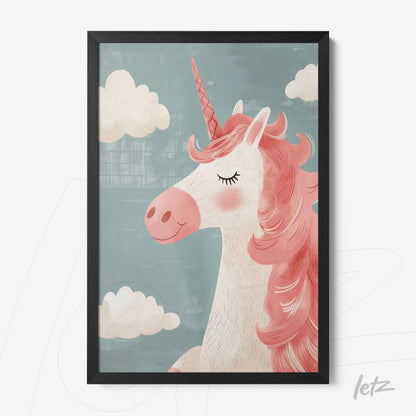 framed wall art featuring a unicorn on a blue background with white clouds