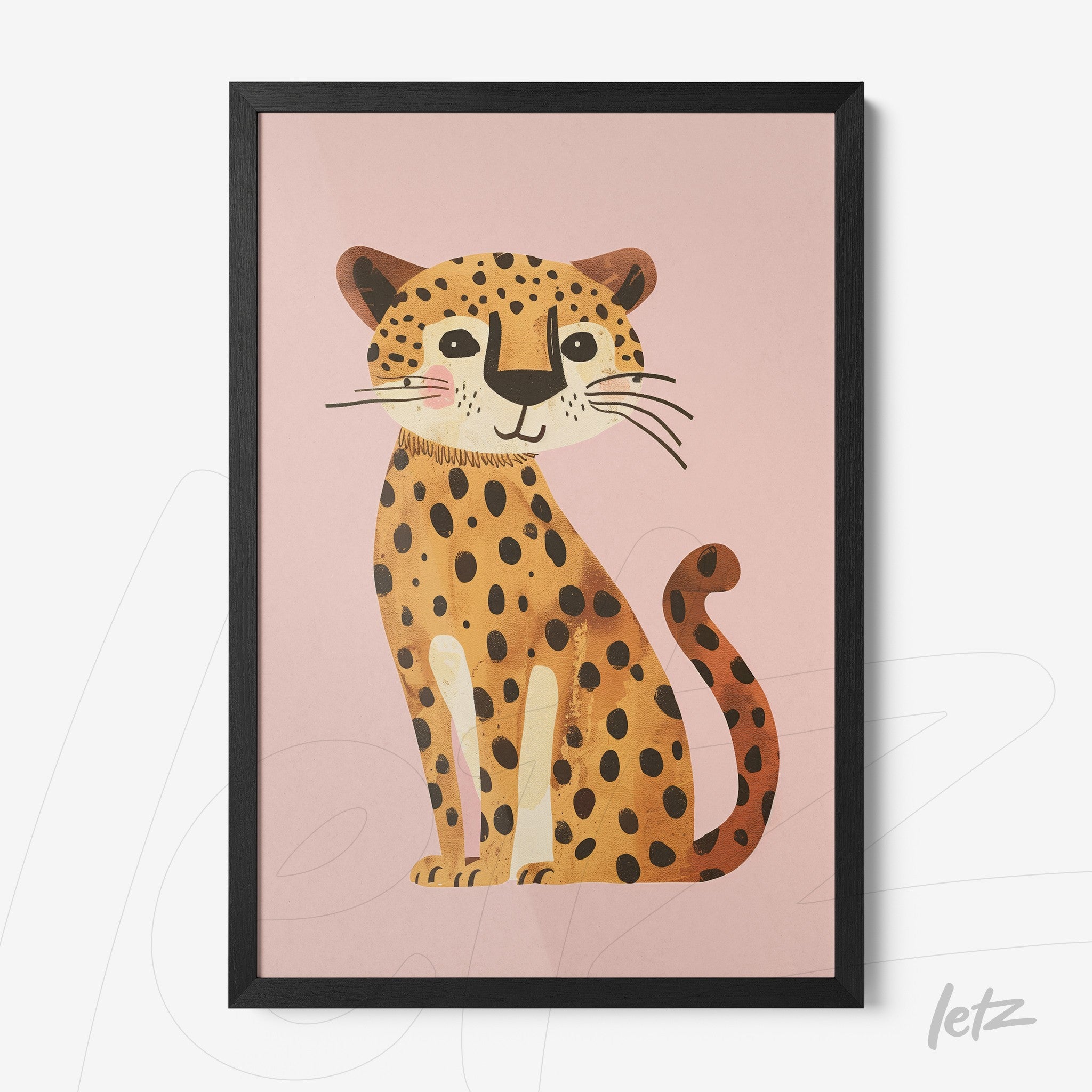 framed wall art featuring a stylized leopard against a pink background with a thin black frame