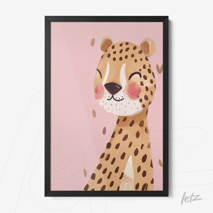 framed artwork of a smiling leopard on pink background with black frame