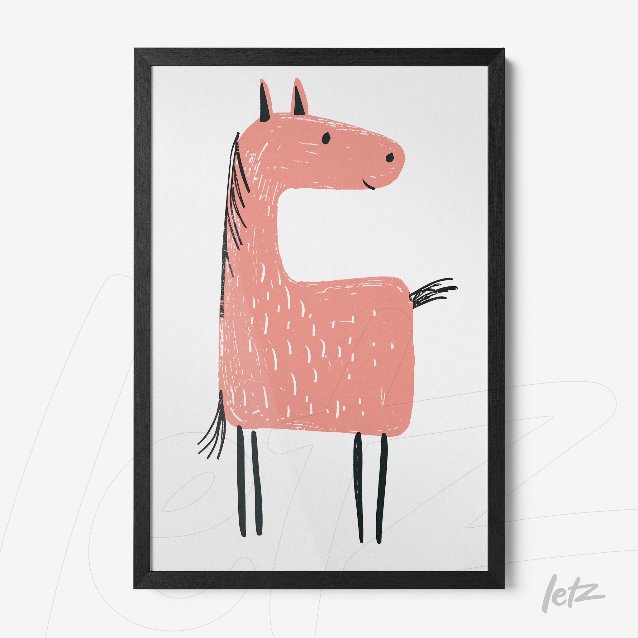 framed wall art featuring a cute pink horse illustration with black outline