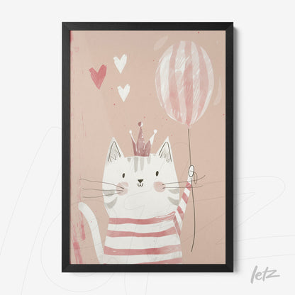 framed artwork of a smiling cat wearing pink and white stripes holding a balloon