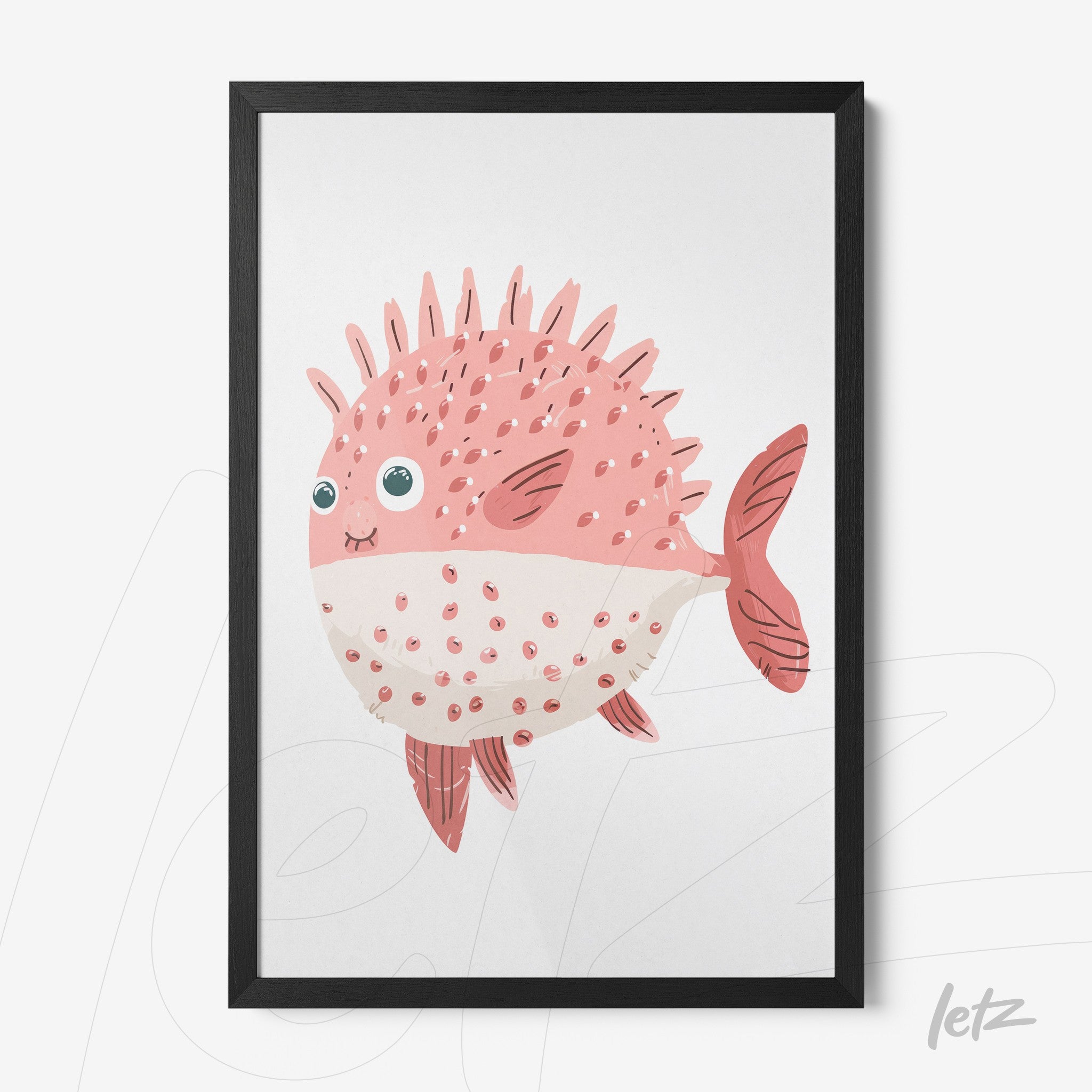 framed children's art of a pink spiky fish with a black frame