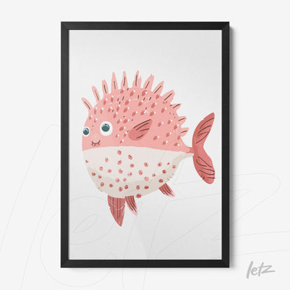 framed children's art of a pink spiky fish with a black frame