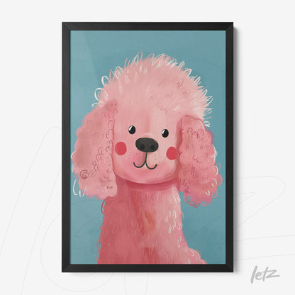 framed wall art featuring a pink poodle in a blue background