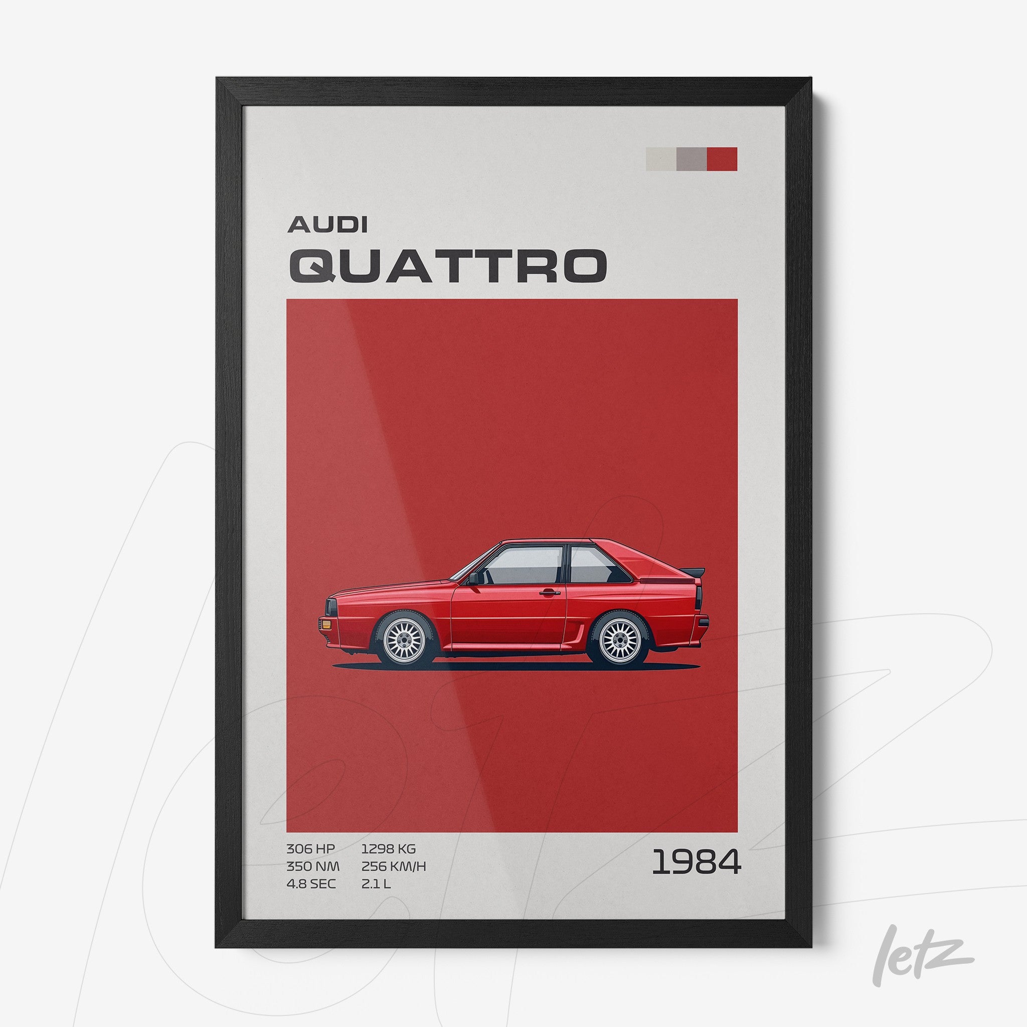 framed minimalist artwork of Audi Quattro car with black frame and red background
