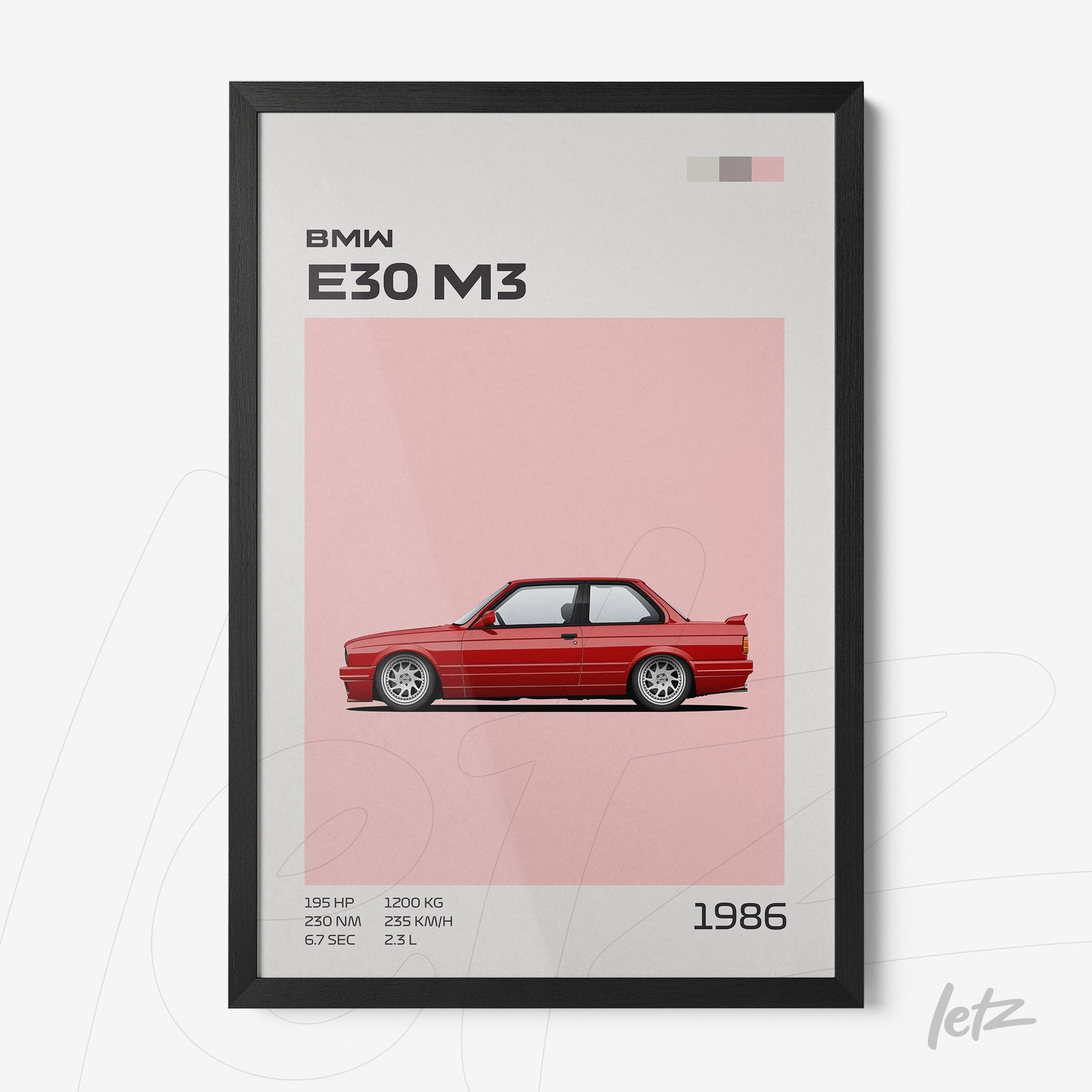 framed wall art featuring a minimalist illustration of the BMW E30 M3 sports car with a black frame and pink background