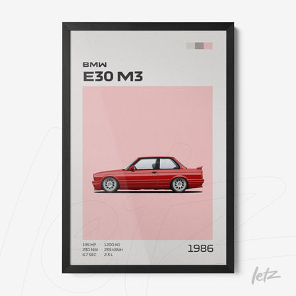 framed wall art featuring a minimalist illustration of the BMW E30 M3 sports car with a black frame and pink background