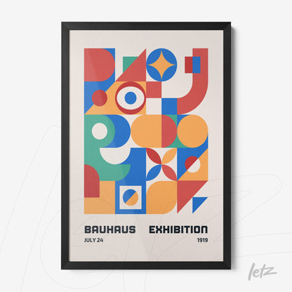 poster with geometric design of colored shapes in thin black frame