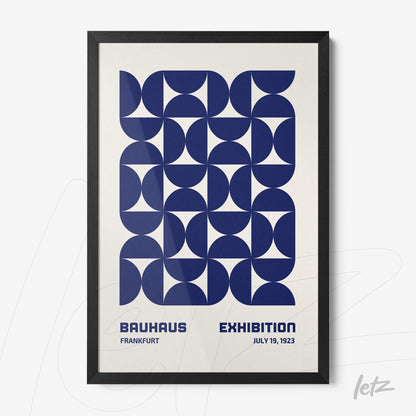 poster with blue geometric bauhaus style design in black frame