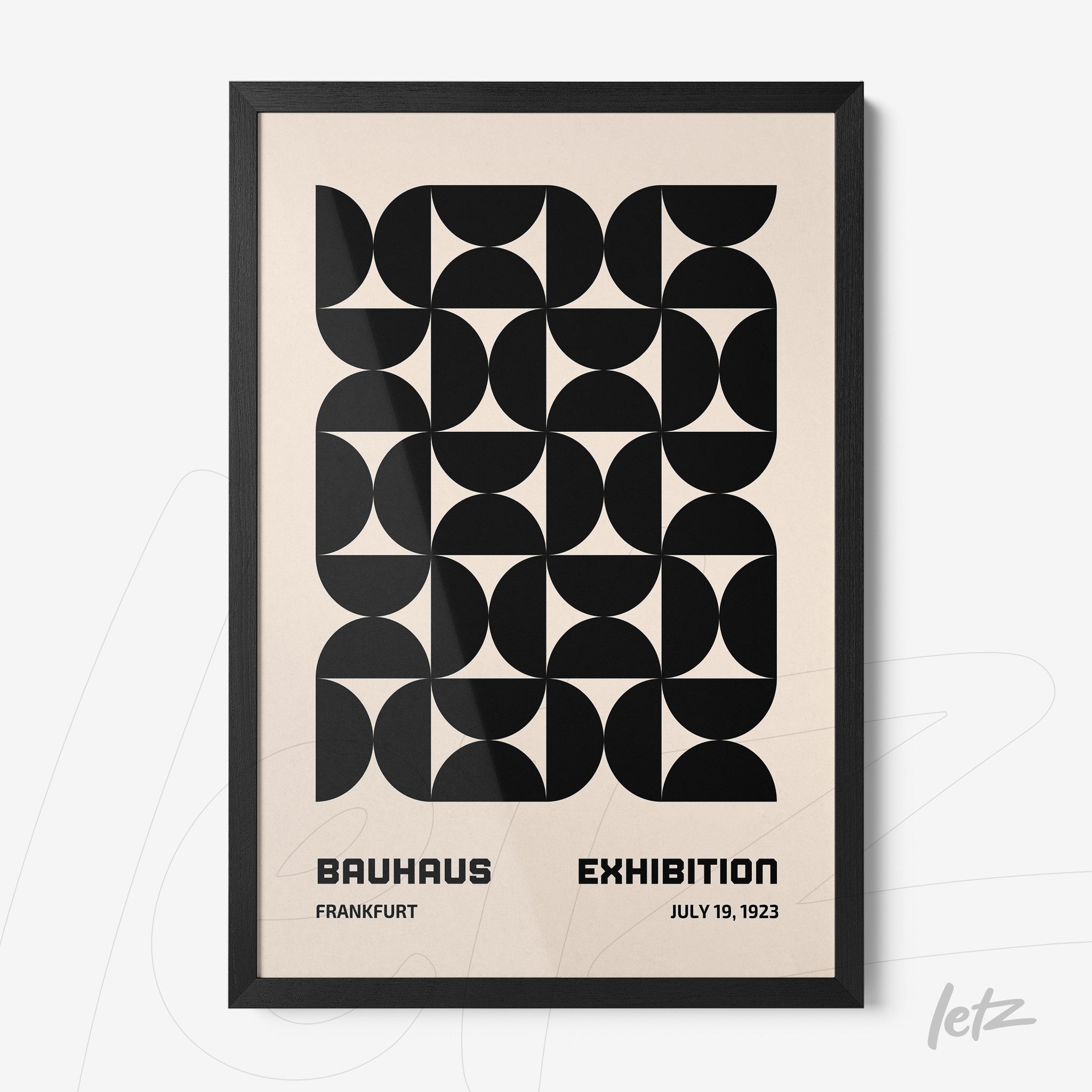 poster print featuring a black and white geometric design in a sleek black frame