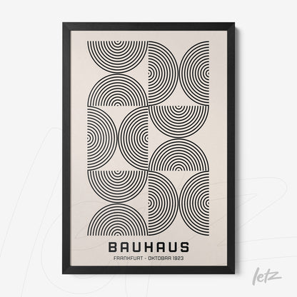 poster inspired by the Bauhaus movement with concentric geometric patterns in black frame