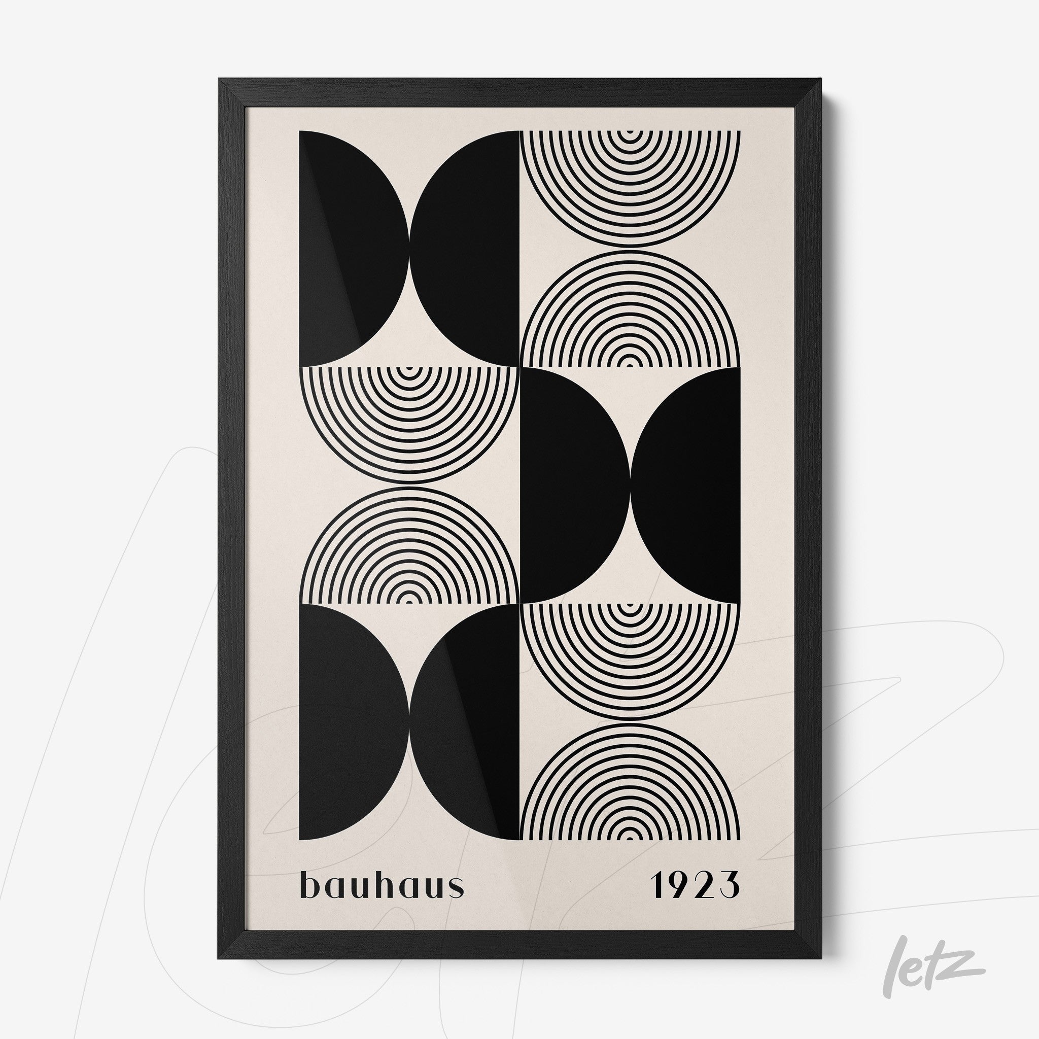 poster featuring a black and white geometric illustration inspired by bauhaus style, with a simple black frame