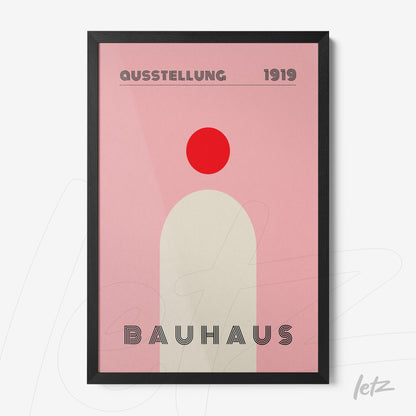 Bauhaus style poster print with simple geometric shapes in black frame