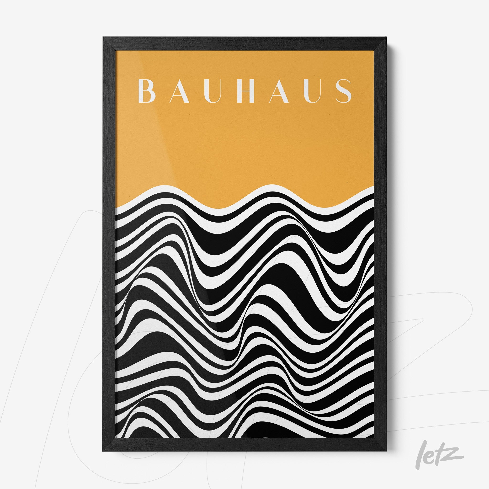 poster featuring abstract black and white art with yellow background and bauhaus text, thin black frame