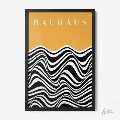 poster featuring abstract black and white art with yellow background and bauhaus text, thin black frame