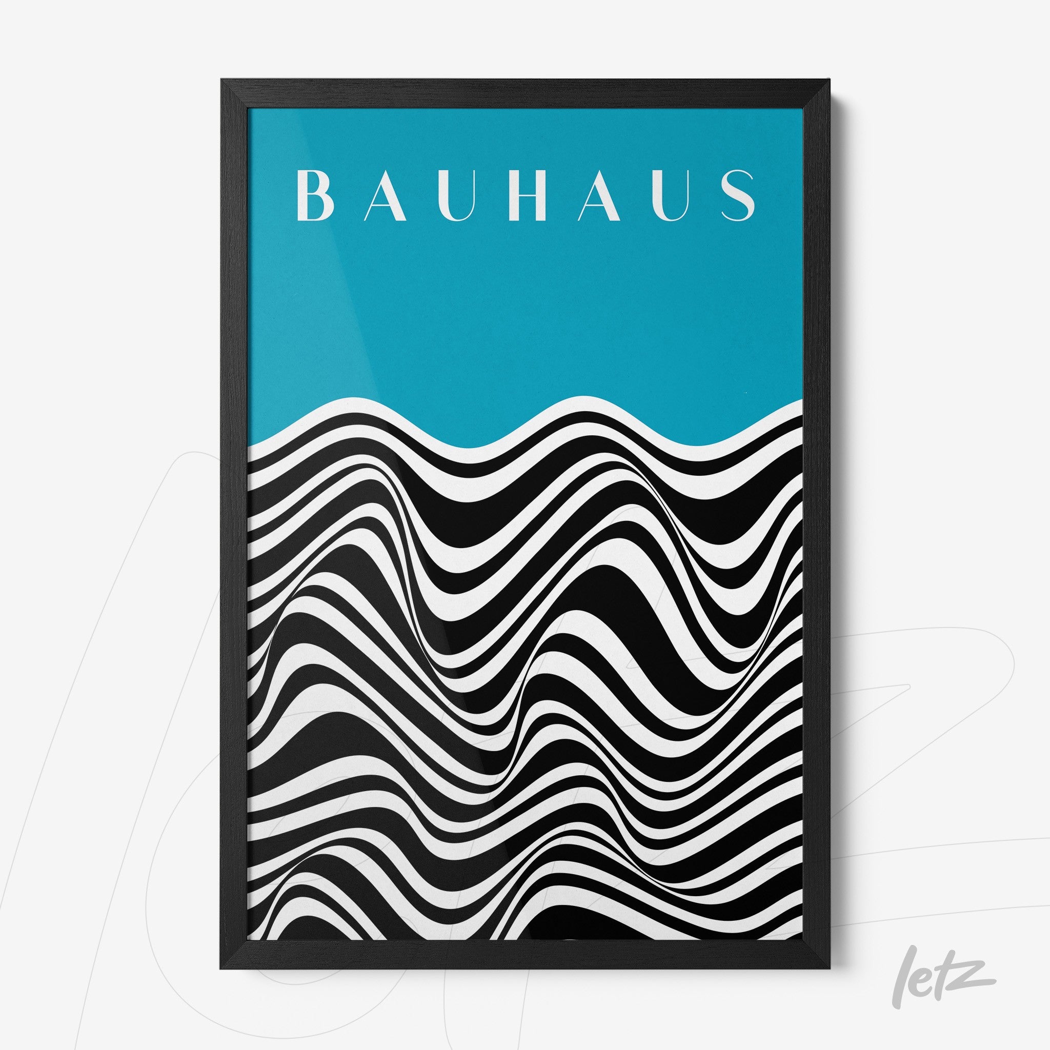 poster with black and white geometric design on a blue background, framed in a thin black frame