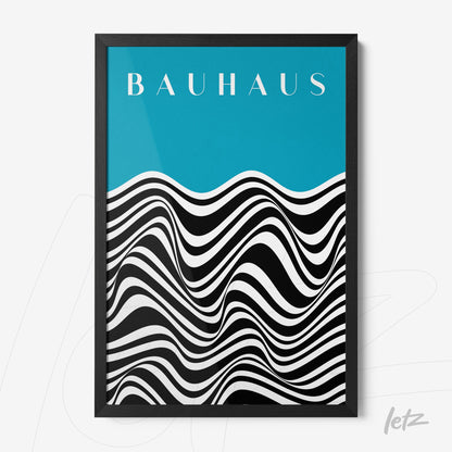 poster with black and white geometric design on a blue background, framed in a thin black frame