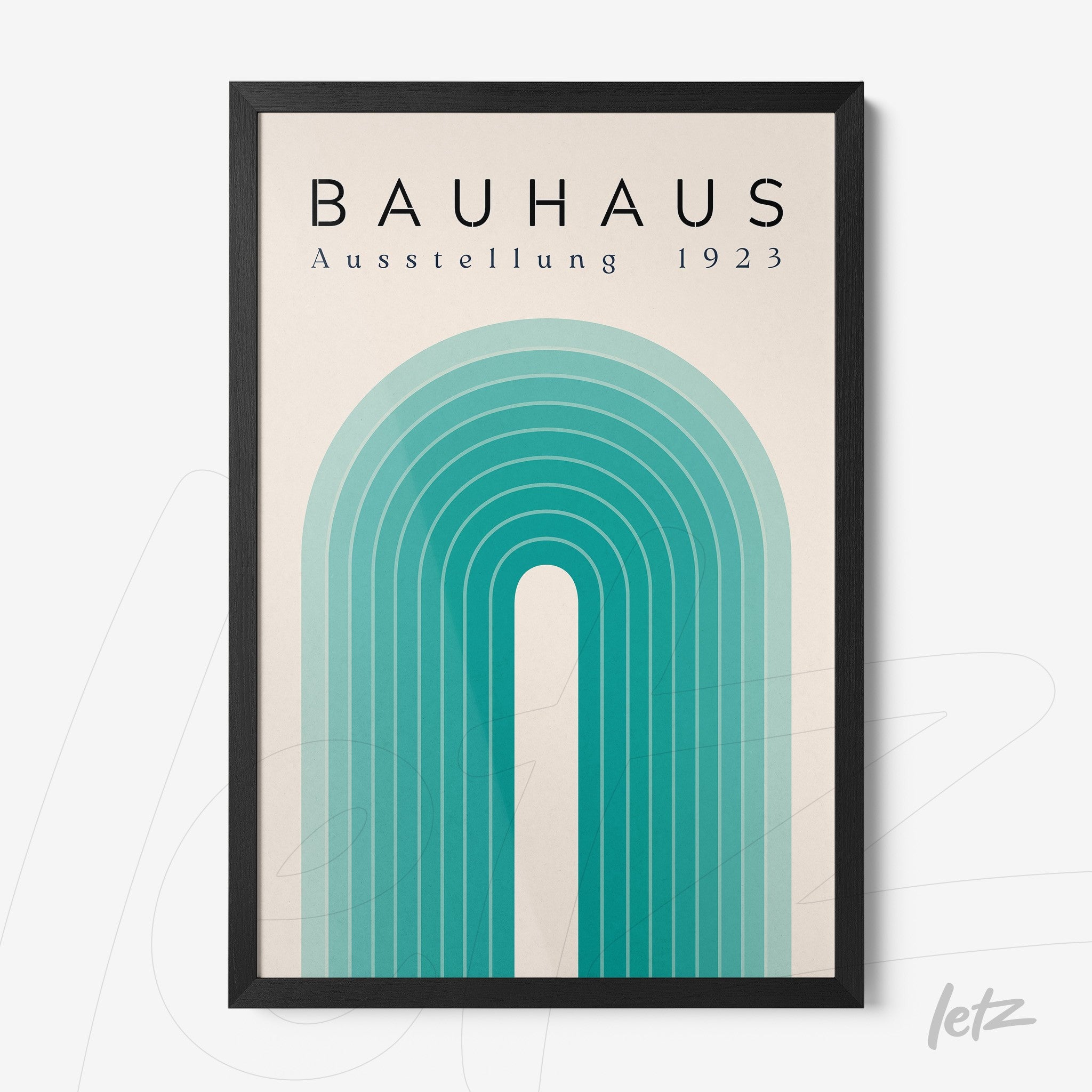 poster featuring abstract concentric arches in blue with black frame