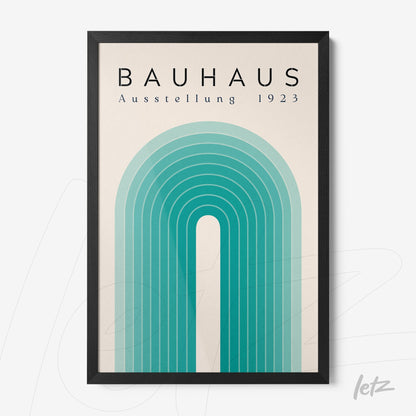 poster featuring abstract concentric arches in blue with black frame