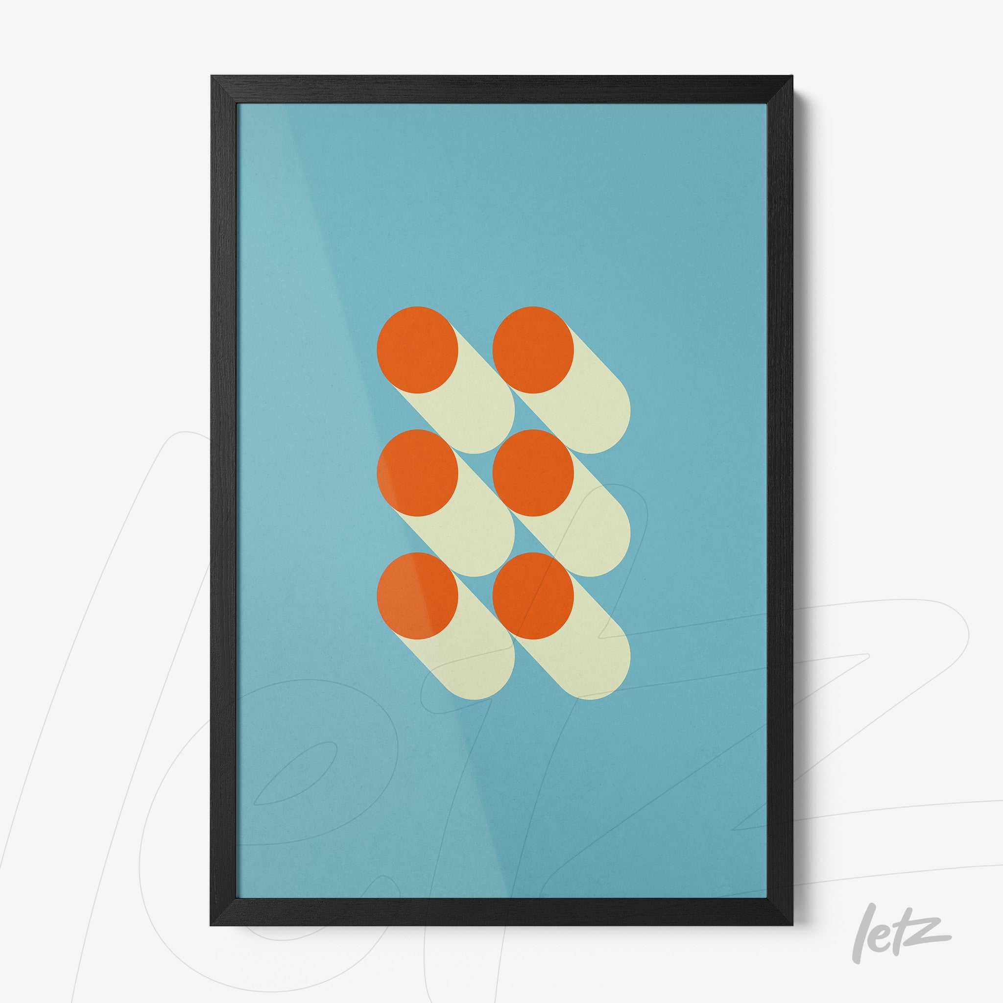 poster featuring abstract geometric design with orange circles on blue background framed with black border