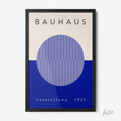 geometric design poster in blue and white with 'bauhaus' text in black frame