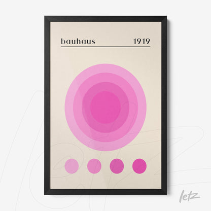 poster with pink concentric circles in various shades with black frame in bauhaus style