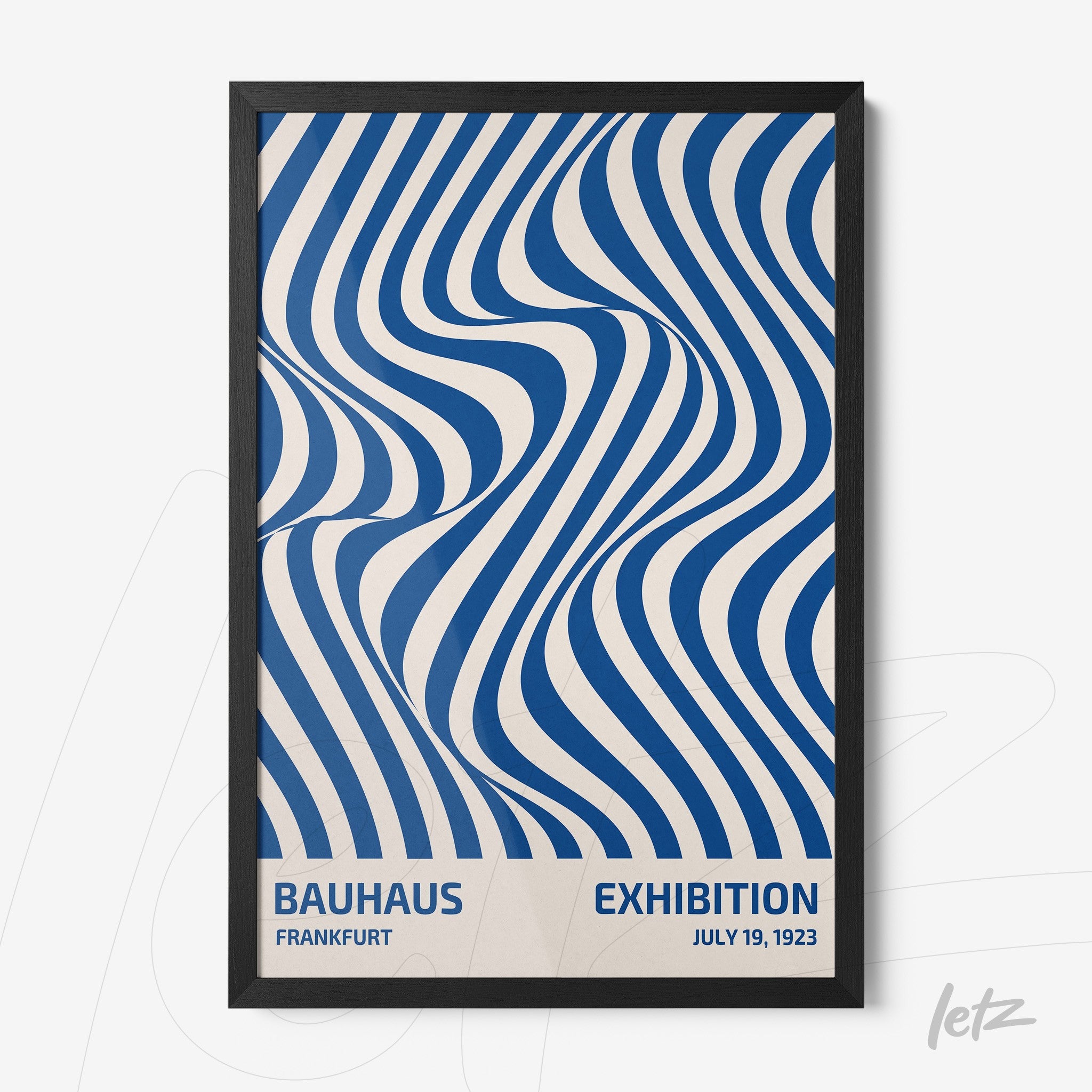 blue and white graphic art poster in Bauhaus style with black frame