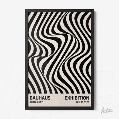 black and white abstract art poster with wavy pattern in a thin black frame