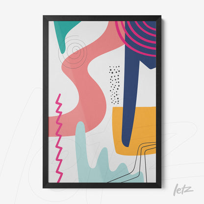 quadro abstrato com formas geométricas coloridas em moldura preta