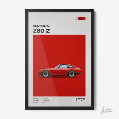 framed graphic artwork of Datsun 280 Z car featuring vibrant red background and black frame