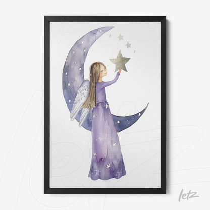 framed art of a girl in a lilac dress holding a star with wings, leaning on a crescent moon
