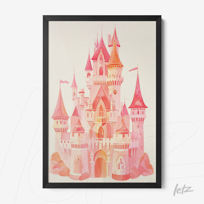 framed art featuring a pink and orange castle illustration