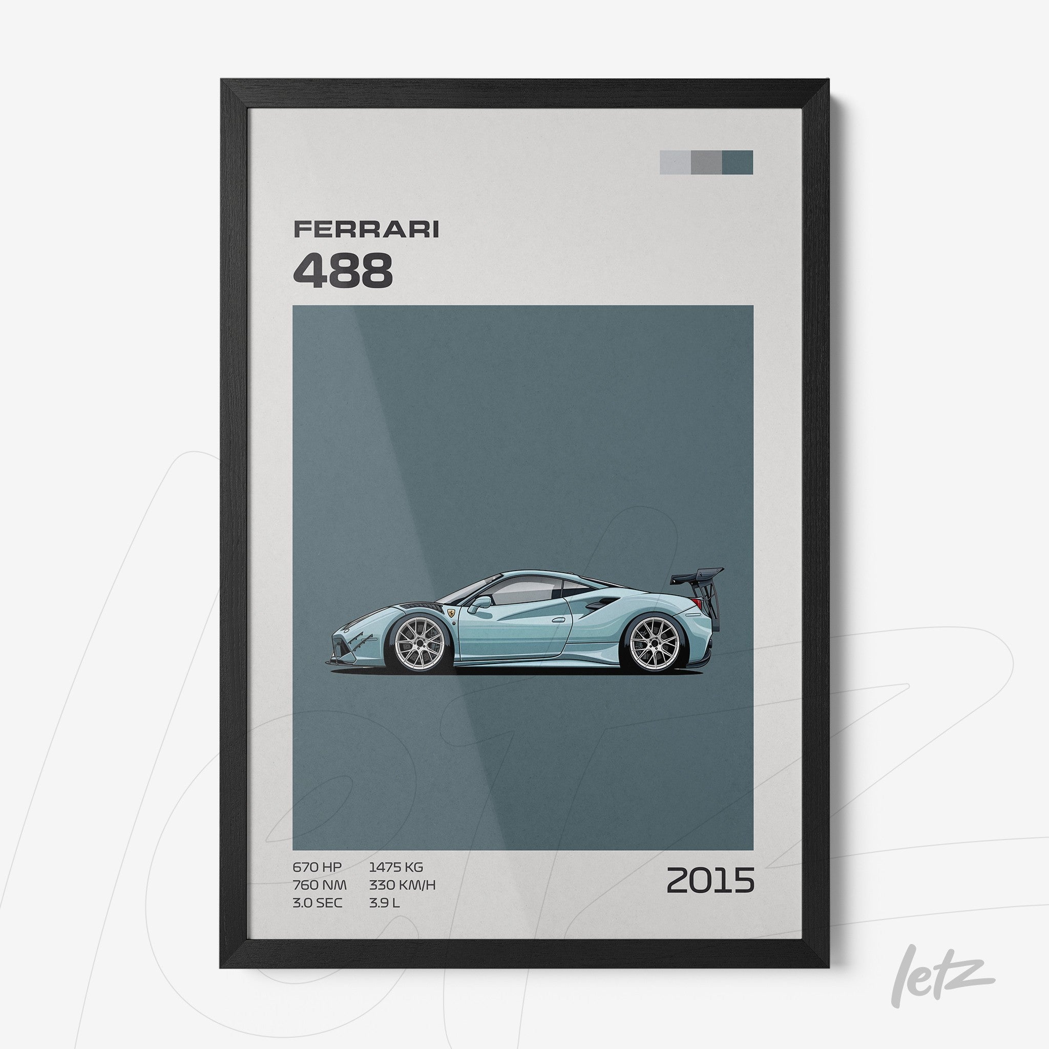 framed minimalist art of Ferrari 488 with black frame and blue background