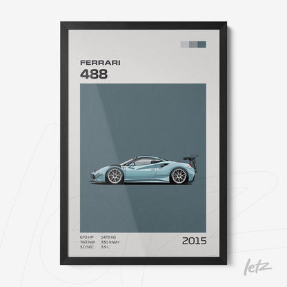 framed minimalist art of Ferrari 488 with black frame and blue background