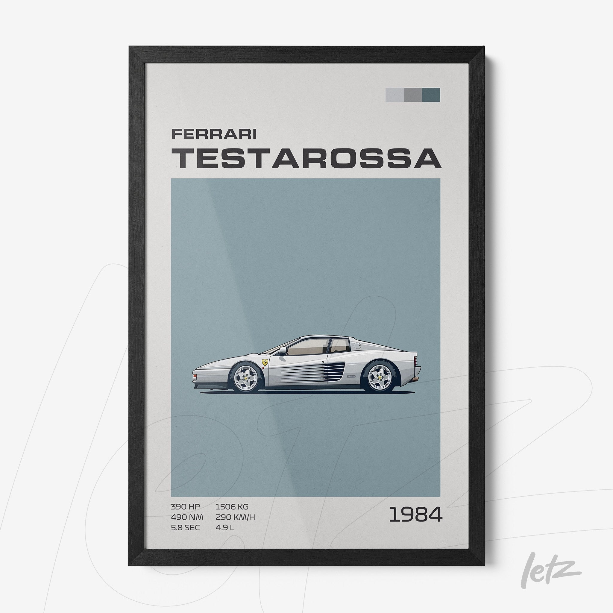 framed minimalist illustration of Ferrari Testarossa with black frame