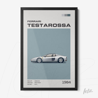 framed minimalist illustration of Ferrari Testarossa with black frame
