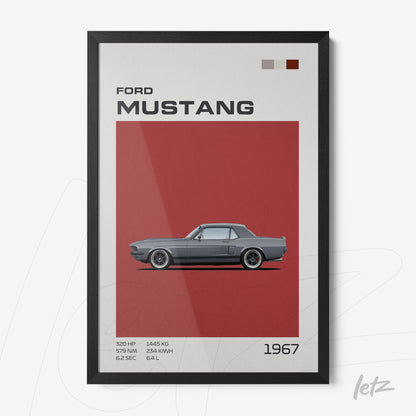 framed minimalist art of 1967 Ford Mustang with black frame and red background