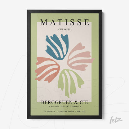 framed modern art inspired by matisse cutouts featuring colorful shapes in blue, pink, and green on a light background