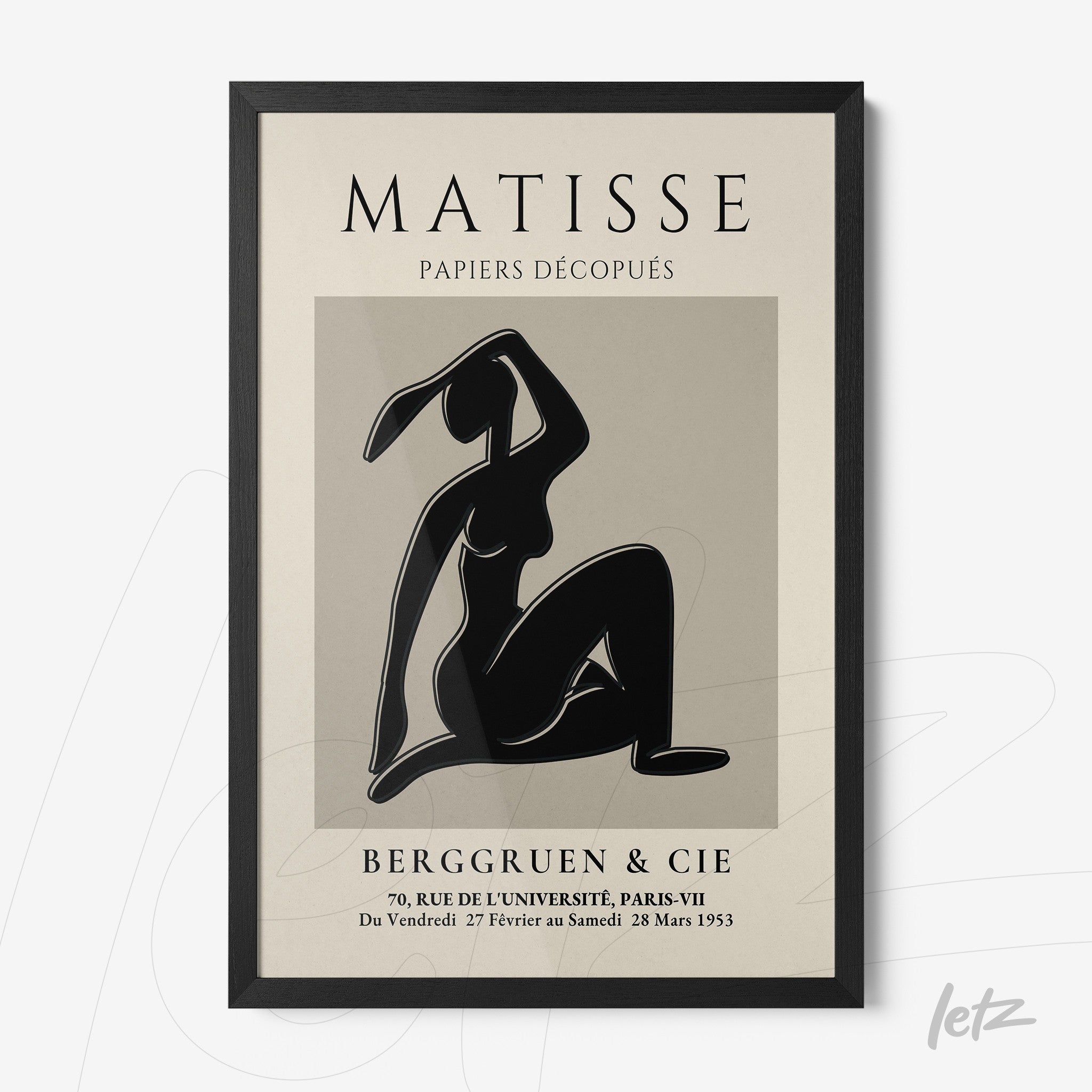 framed art piece featuring a cut-out figure by Matisse against a cream background with black accents