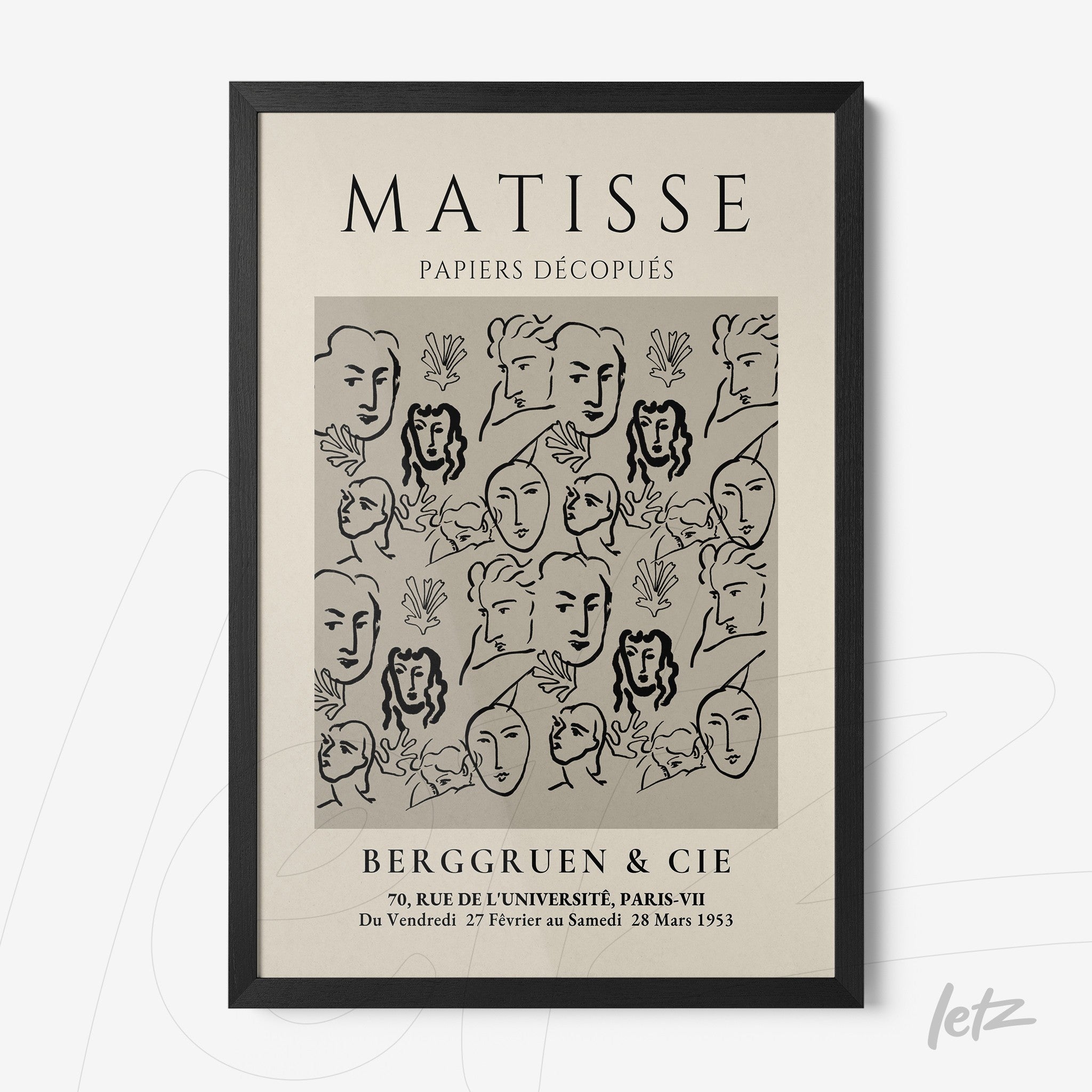 framed wall art featuring modern style black and white illustration with stylized faces and floral elements on beige background