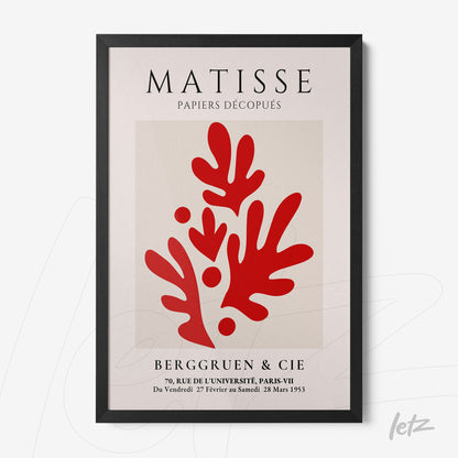 framed art print inspired by henri matisse featuring red abstract paper cut shapes on light background with black frame