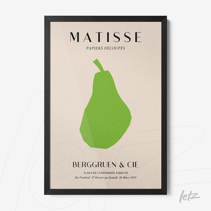 framed modern art print of a stylized green pear with a black frame