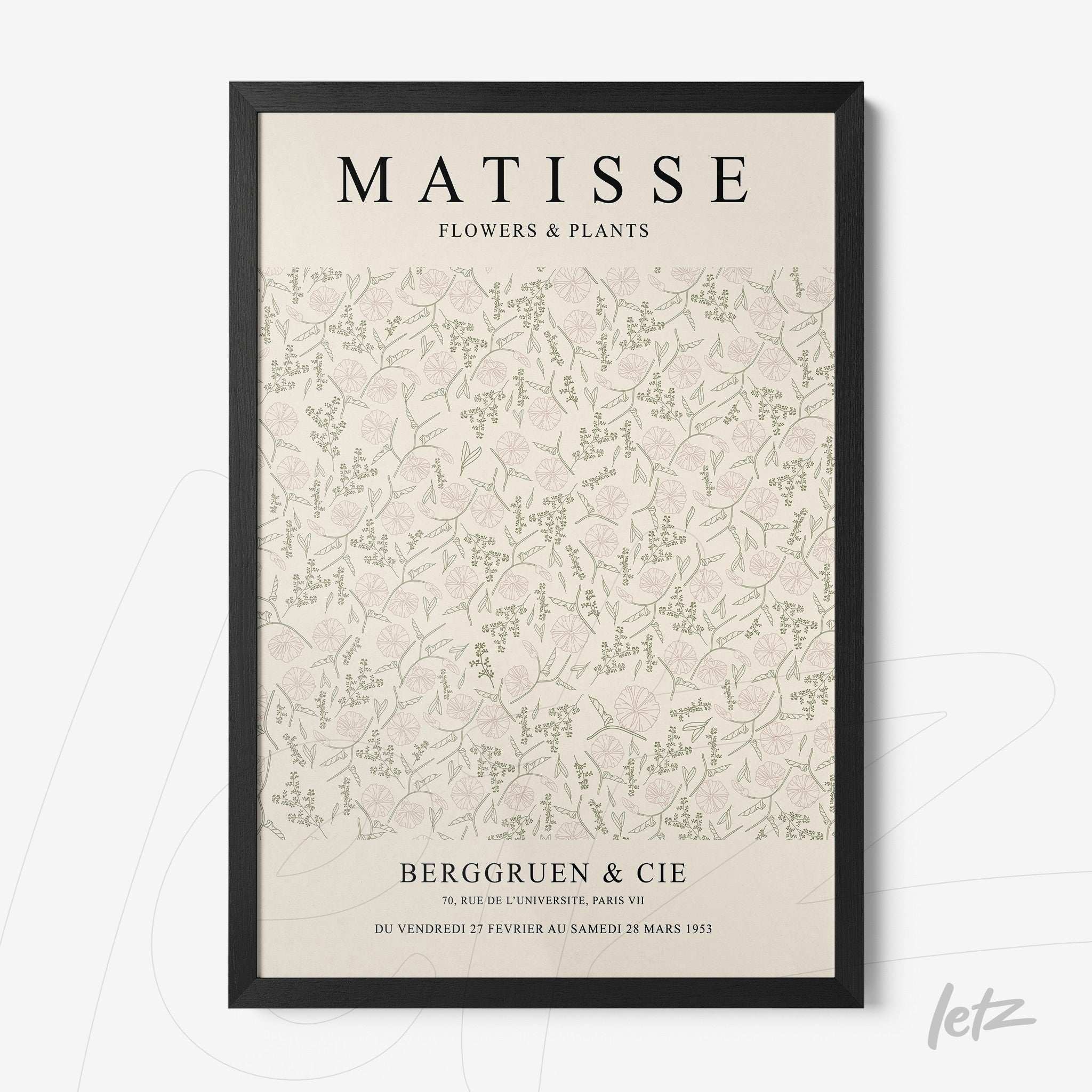 framed vintage style artwork featuring flowers and plants with a black thin frame