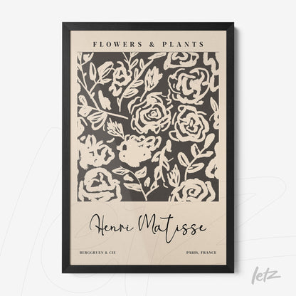 vintage style wall art featuring floral design on light background in black frame