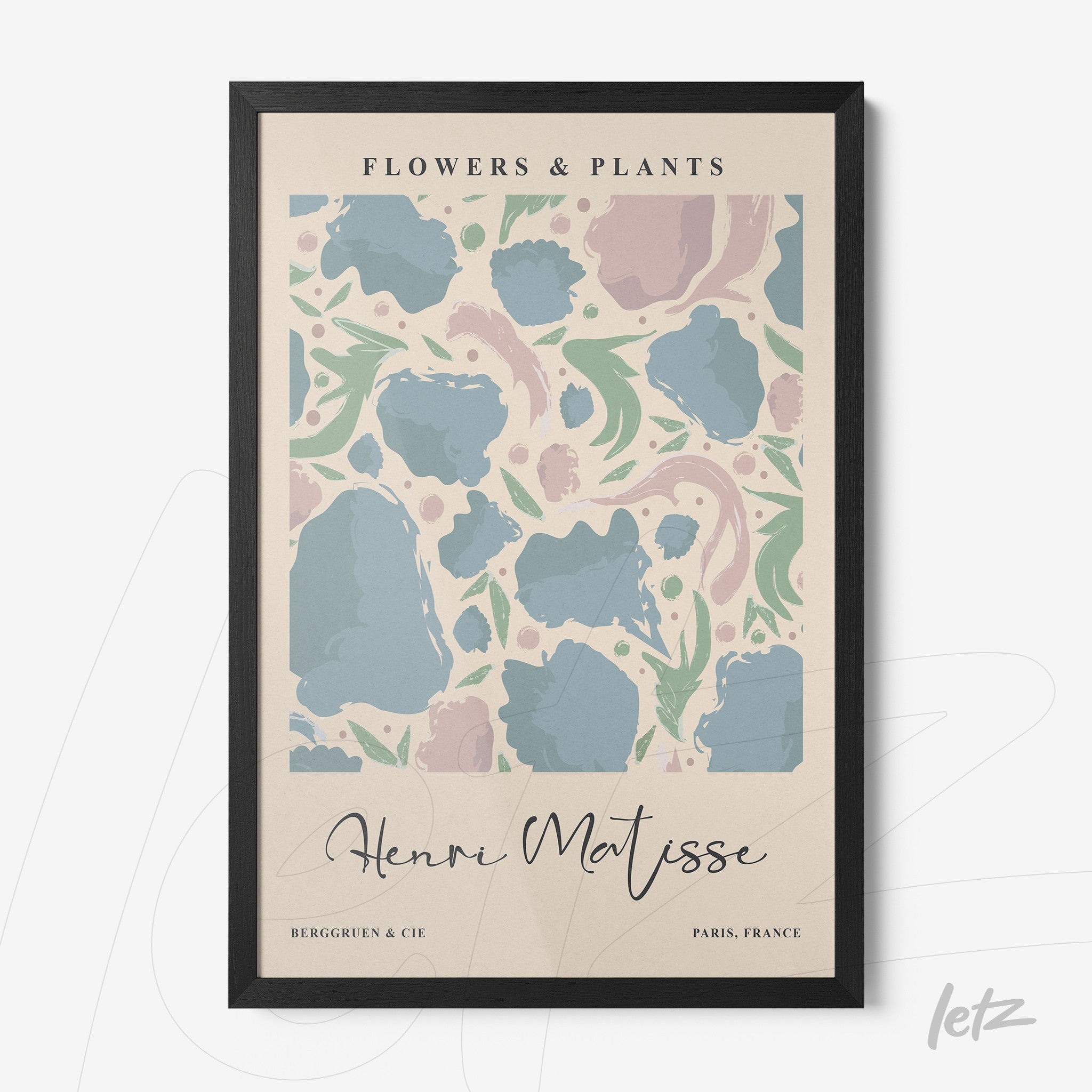 framed wall art featuring floral design in pastel colors with a black frame and light background with elegant typography