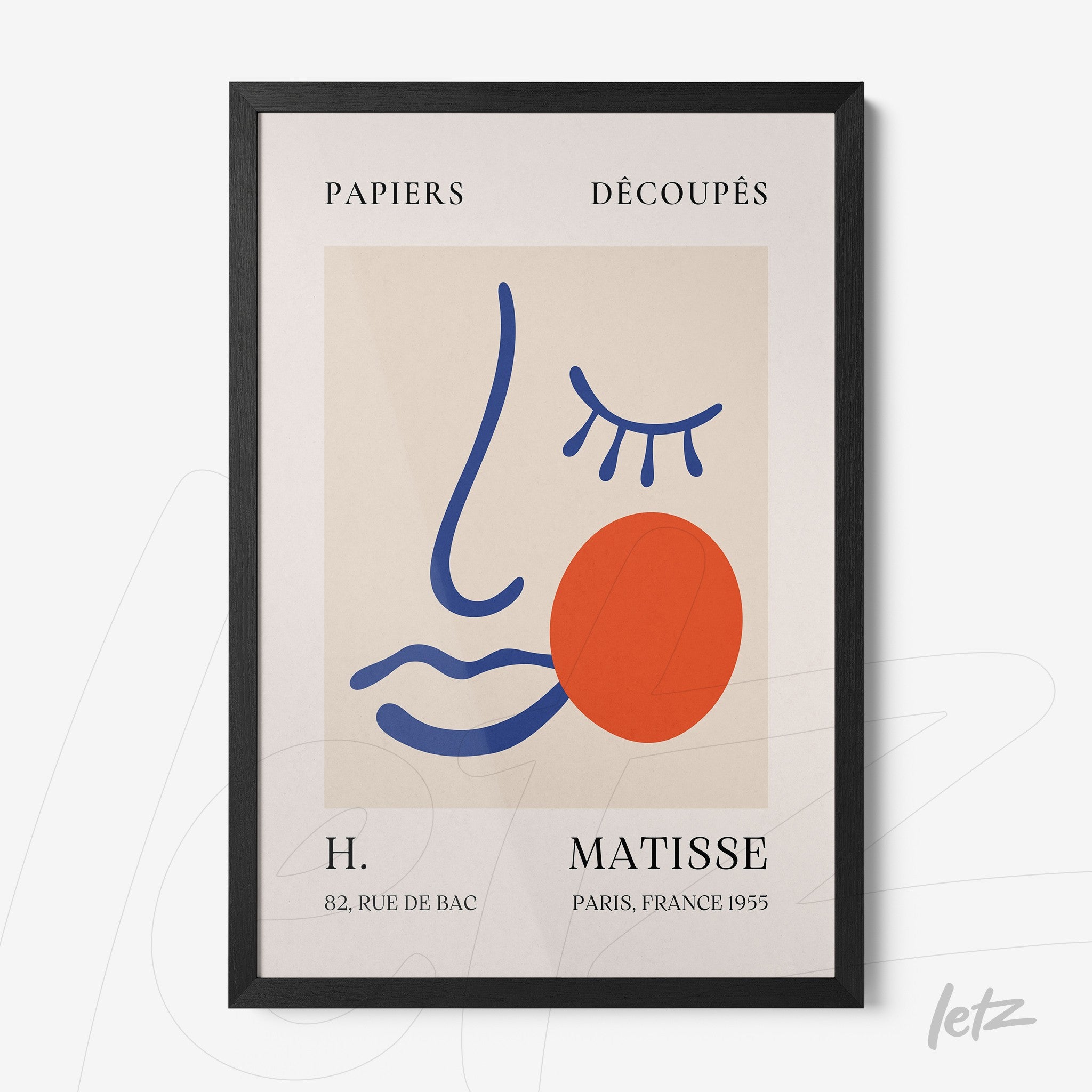 modern art framed print featuring geometric shapes in blue and red, black frame, light background, and stylized typography