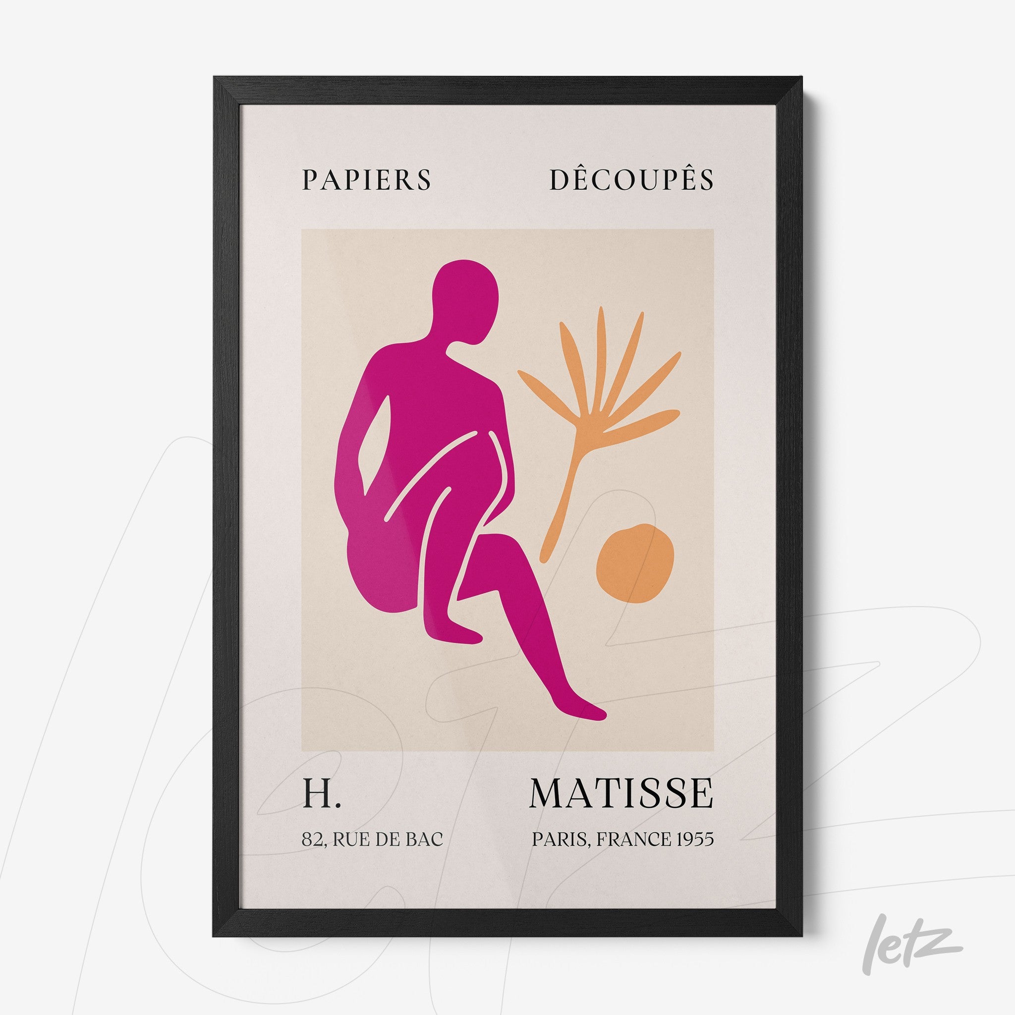 framed contemporary art piece featuring a stylized figure in pink and orange tones with black frame