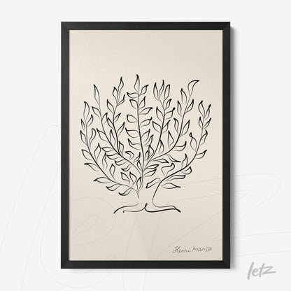 framed wall art featuring a minimalist illustration of leaves in black lines on a light background